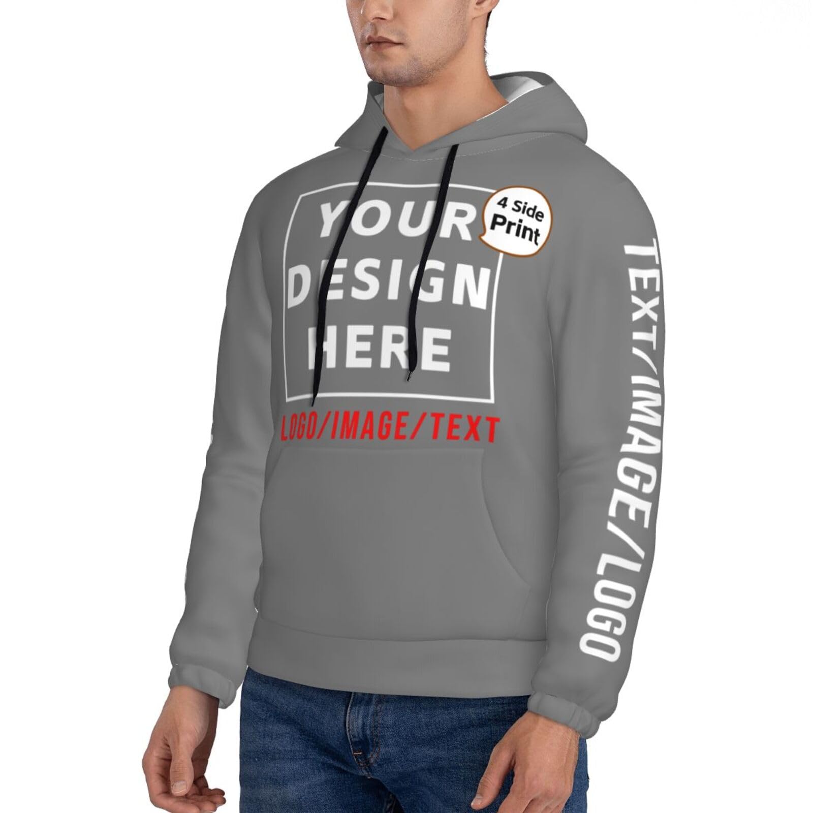 Personalized Print on Demand Hoodies Custom Sweatshirts for Men Design Your Own with Photo Logo Text Gray Hoodie-0.66-L