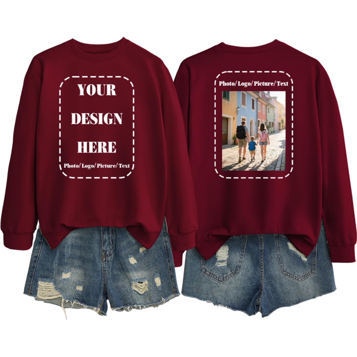 GVABRLN Custom Crewneck Sweatshirt Women Personalized Long Sleeve Shirts Customized Sweater Design Your Own Pullover Tops Wine Red