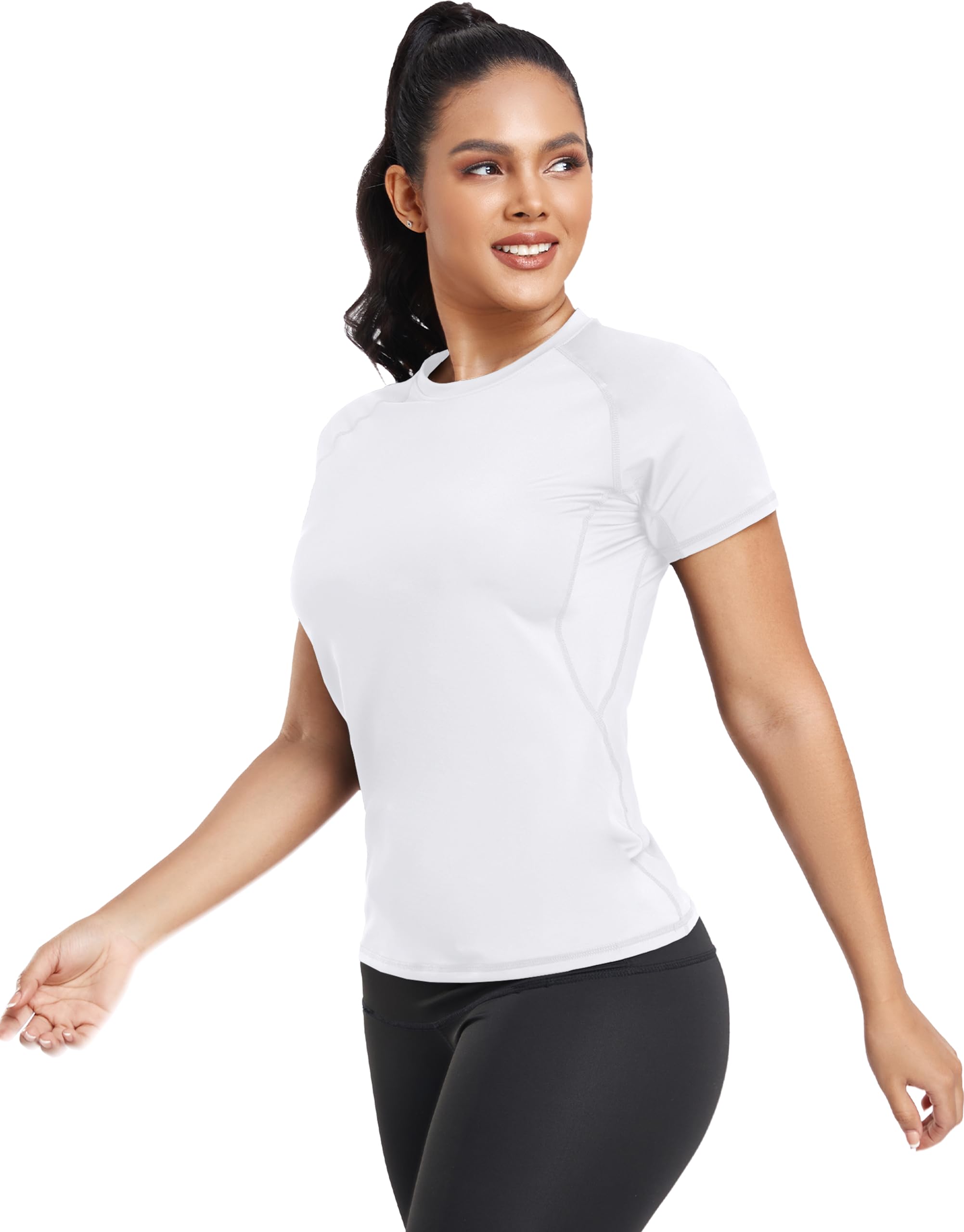 TELALEO 4 Pack Women's Compression Shirt Running Athletic T-Shirts Workout Tops Baselayer Short Sleeve Yoga Gym Sports Gear 2Black/Grey/White M/02