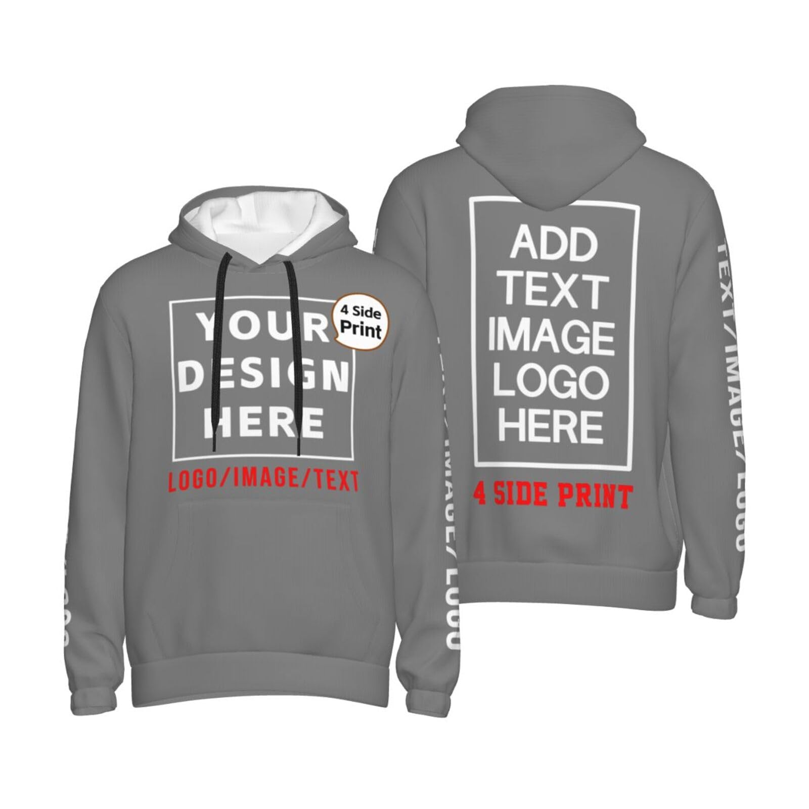 Personalized Print on Demand Hoodies Custom Sweatshirts for Men Design Your Own with Photo Logo Text Gray Hoodie-0.66-L