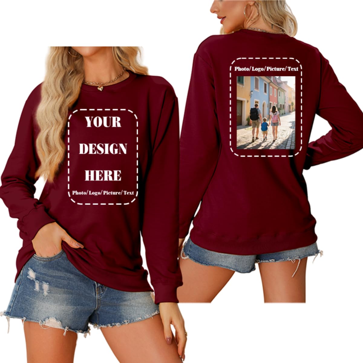 GVABRLN Custom Crewneck Sweatshirt Women Personalized Long Sleeve Shirts Customized Sweater Design Your Own Pullover Tops Wine Red