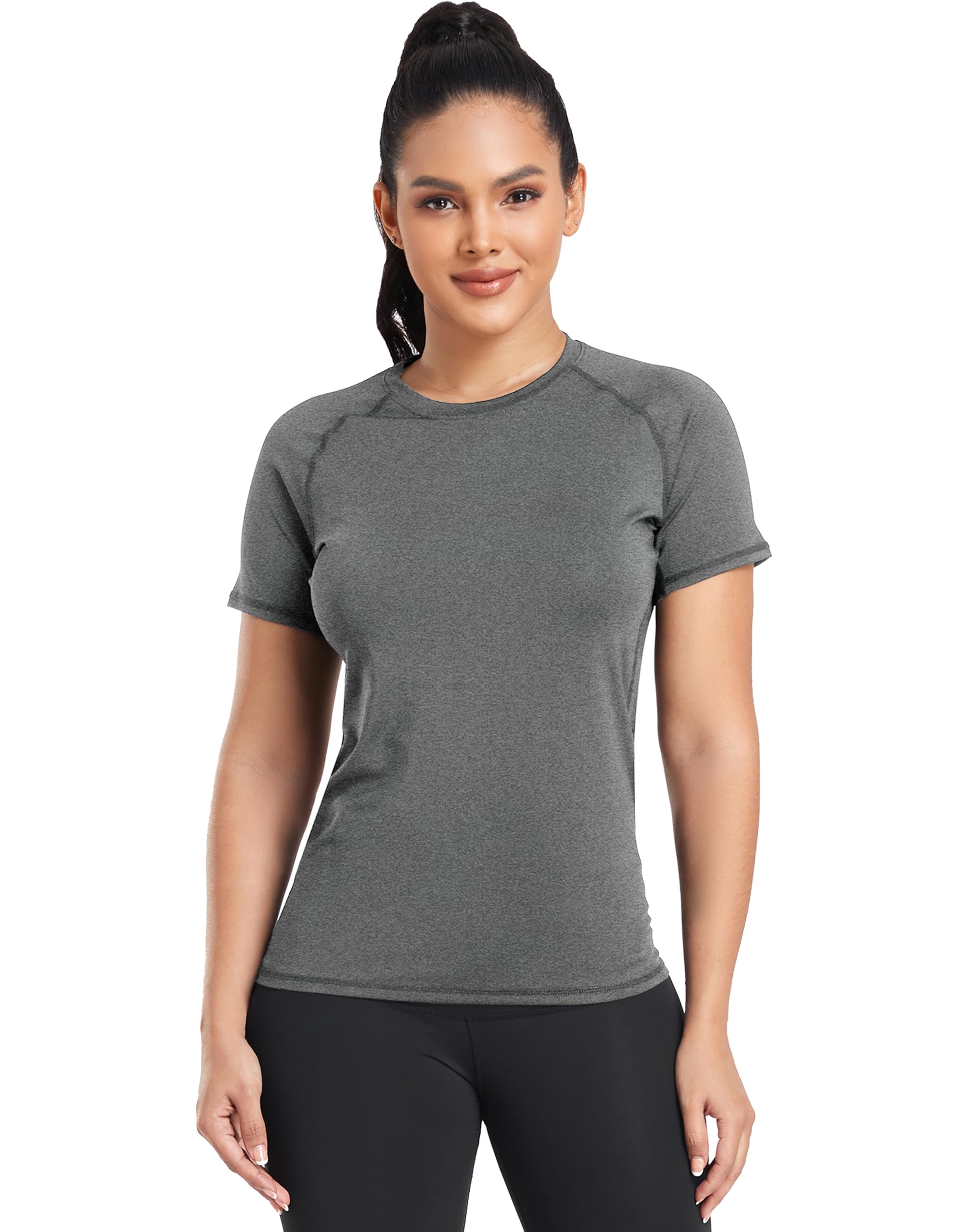 TELALEO 4 Pack Women's Compression Shirt Running Athletic T-Shirts Workout Tops Baselayer Short Sleeve Yoga Gym Sports Gear 2Black/Grey/White M/02