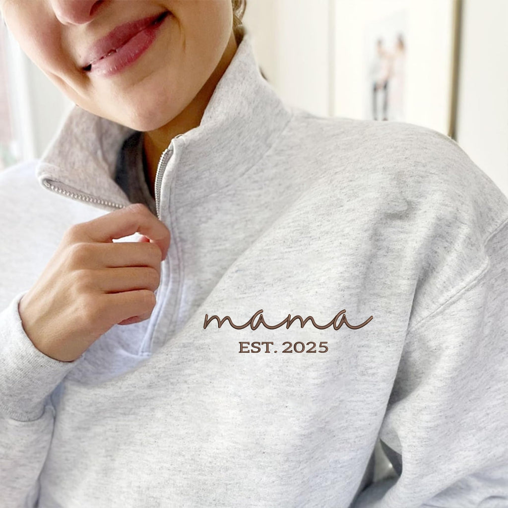 NAZENTI-Custom Mama Est 2025 Embroidered Quarter Zip Crewneck Sweatshirt With Kids Name Sleeve For Women-Personalized Gifts For New Mom To Be Mother's Day Birthday Christmas Mommy Embroidery Sweater