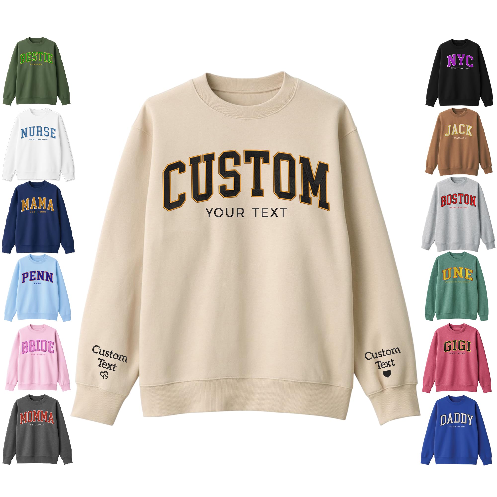 LullabyMall Custom Embroidered Sweatshirts & Hoodies - Design Your Own Text or Name - Personalized Crewneck Pullover for Women, Men - Gifts for Mother's Day, Birthday & Christmas