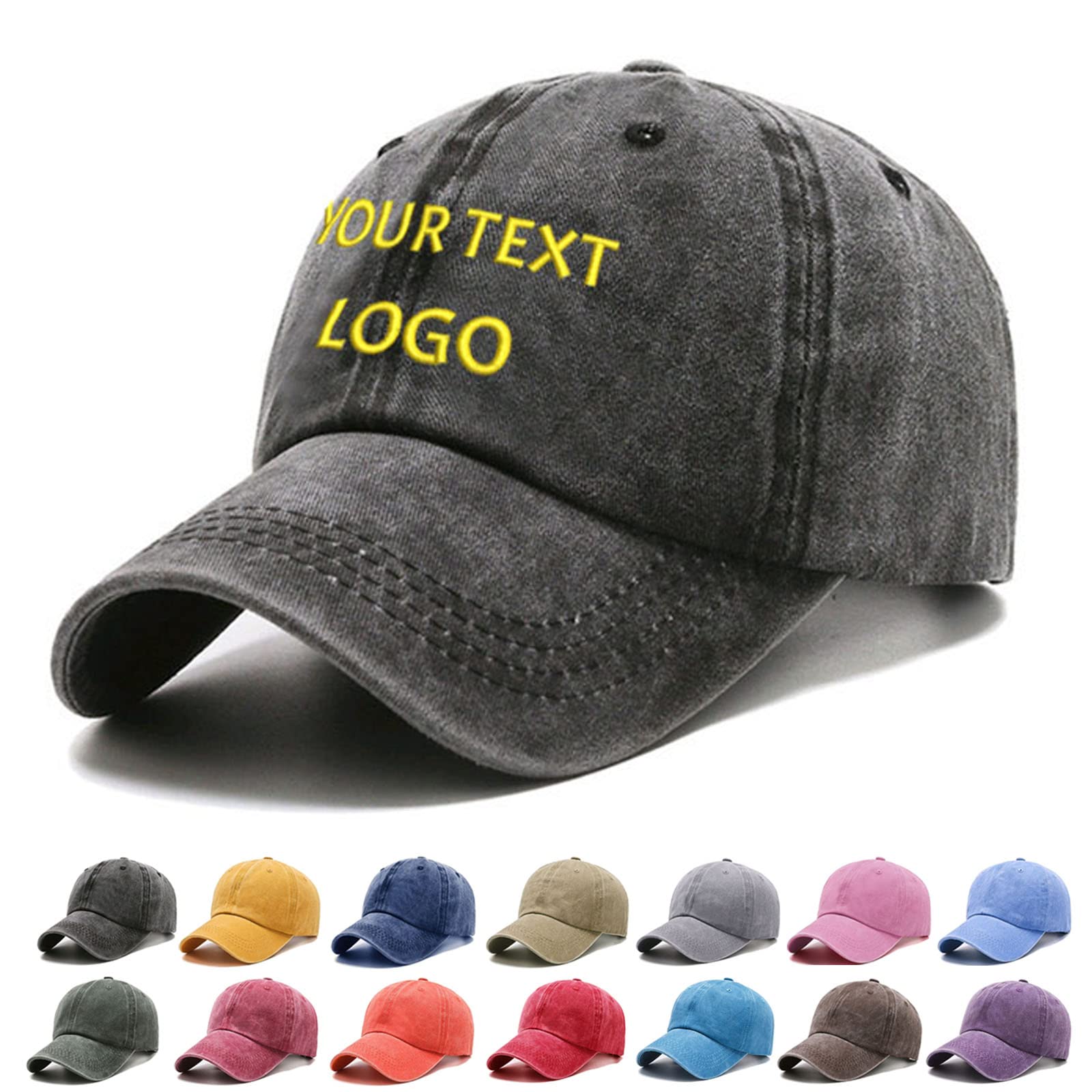 Reuhen Custom Baseball Cap with Embroidery Text Logo and Print Photo,Image, Personalized Adjustable Classic Washed Vintage Trucker Caps