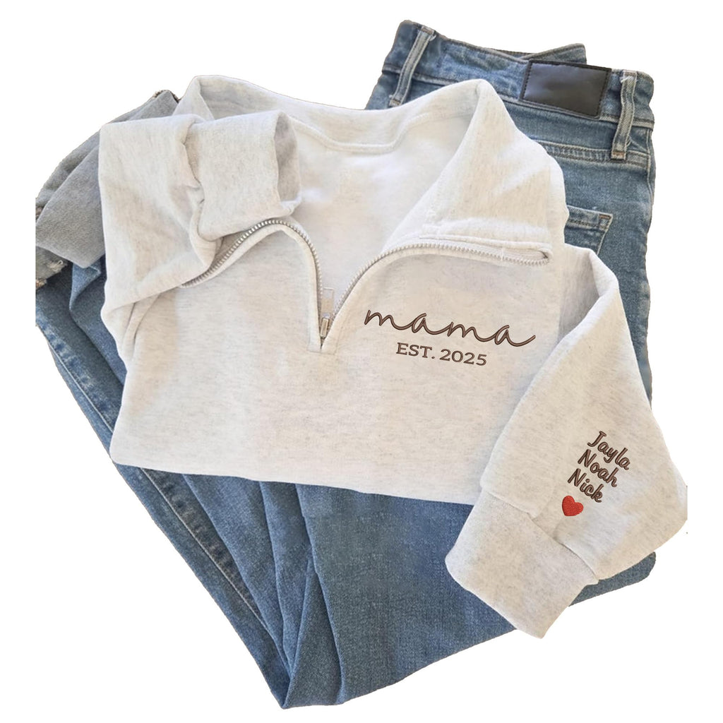 NAZENTI-Custom Mama Est 2025 Embroidered Quarter Zip Crewneck Sweatshirt With Kids Name Sleeve For Women-Personalized Gifts For New Mom To Be Mother's Day Birthday Christmas Mommy Embroidery Sweater
