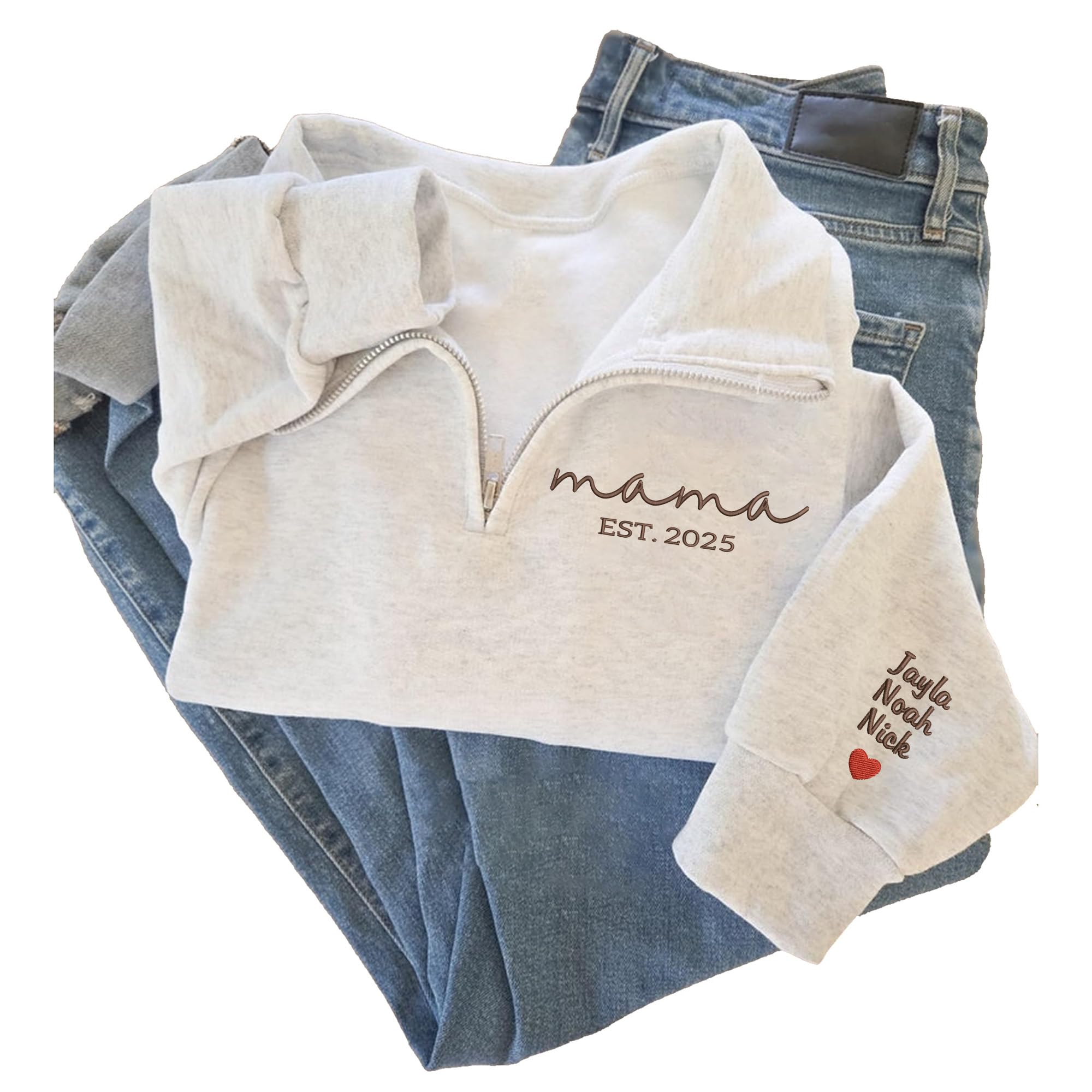 NAZENTI-Custom Mama Est 2025 Embroidered Quarter Zip Crewneck Sweatshirt With Kids Name Sleeve For Women-Personalized Gifts For New Mom To Be Mother's Day Birthday Christmas Mommy Embroidery Sweater