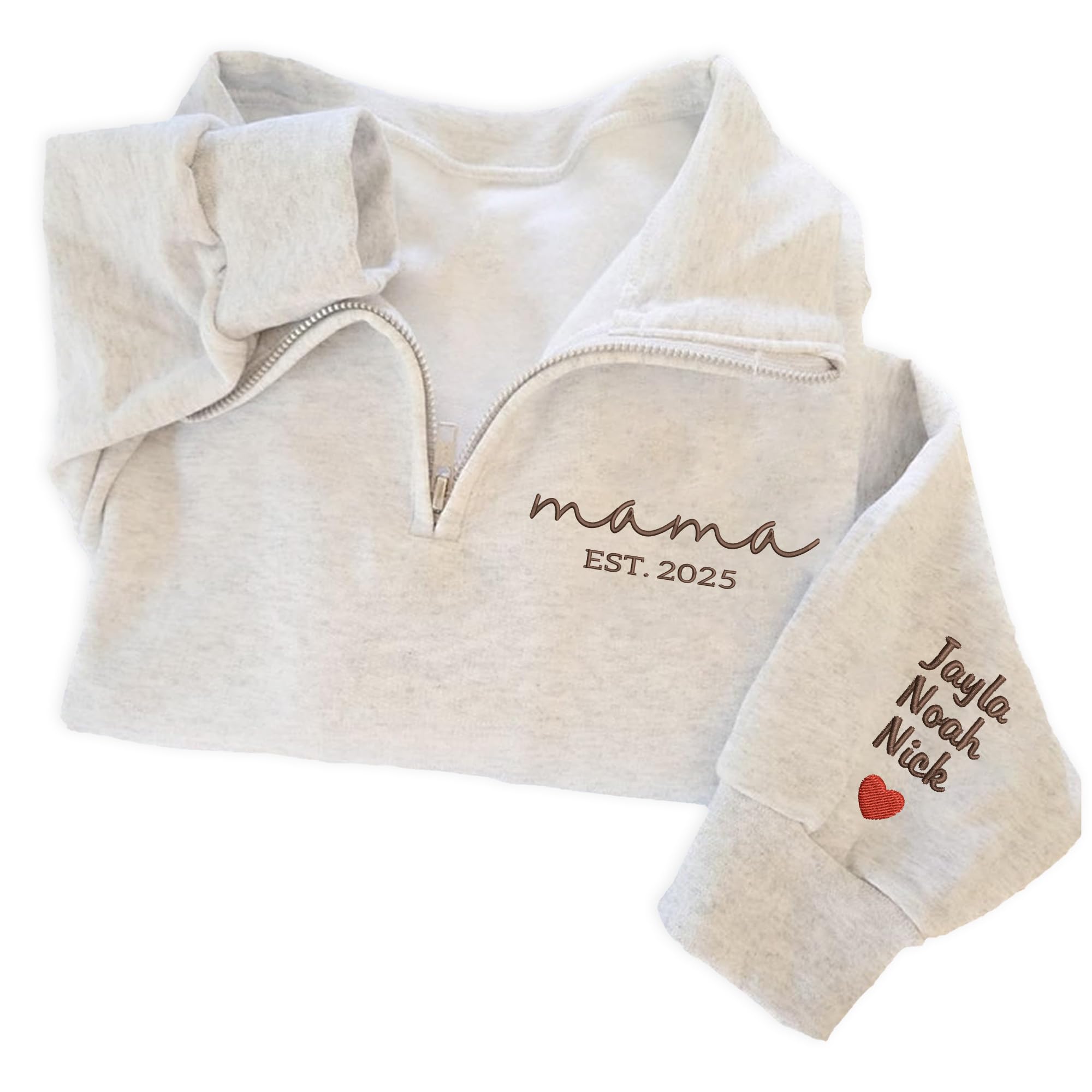 NAZENTI-Custom Mama Est 2025 Embroidered Quarter Zip Crewneck Sweatshirt With Kids Name Sleeve For Women-Personalized Gifts For New Mom To Be Mother's Day Birthday Christmas Mommy Embroidery Sweater