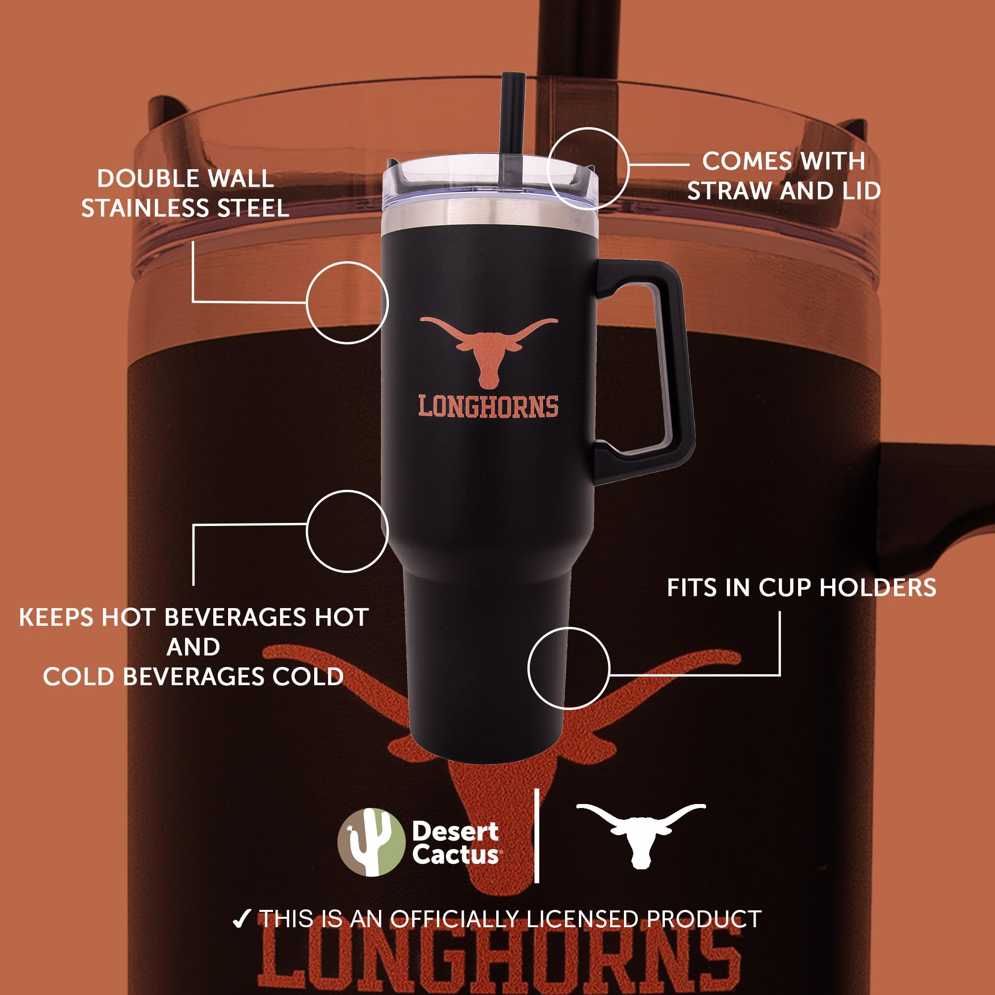 Desert Cactus University of Texas Longhorns UT Austin Large Insulated Stainless Steel Handle Lid Straw Reusable Double Walled Cup Hot Cold Drinkware Laser Etched (40oz Ounce Rally Tumbler)
