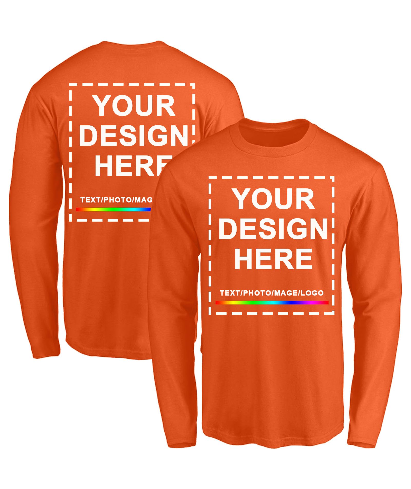 Design Your Own Long Sleeve Shirt - Custom Photo & Text Personalized Tee for Men/Women Print on Front Back Orange