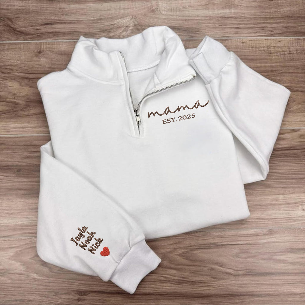 NAZENTI-Custom Mama Est 2025 Embroidered Quarter Zip Crewneck Sweatshirt With Kids Name Sleeve For Women-Personalized Gifts For New Mom To Be Mother's Day Birthday Christmas Mommy Embroidery Sweater