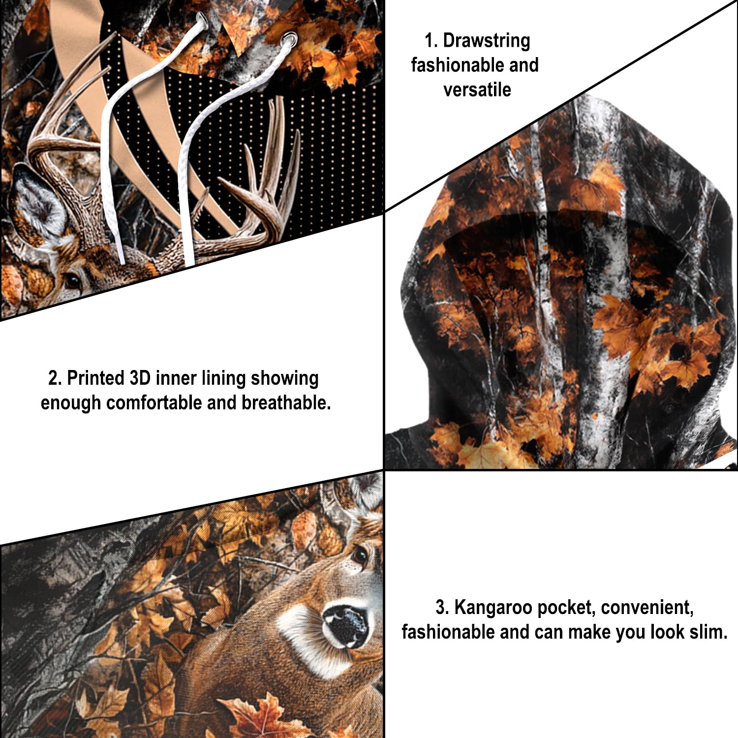 Mens Deer Hunting Hoodies 3D, Custom Hunting Camo Hoodie Animal 3D Printed Sweatshirt Pullover for Hunting Lovers (US, Alpha, Small, Regular, Regular, 1, DEER-DS09)