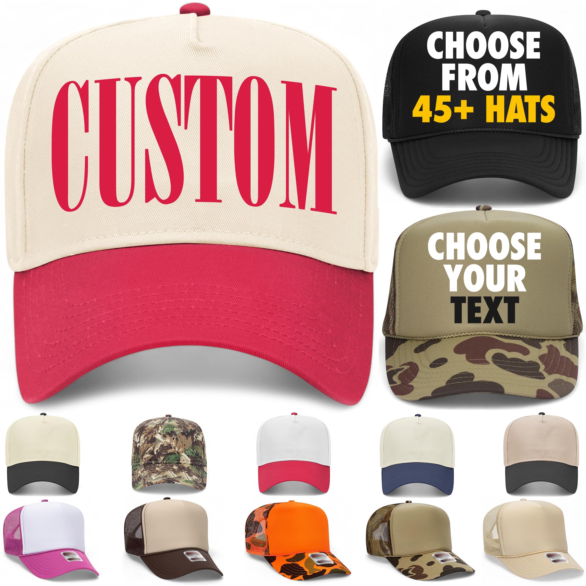 Design Your Own Custom Serif Text Vintage Trucker Hat | Upload Your Word | Premium Snapback Baseball Hat for Men & Women Multi