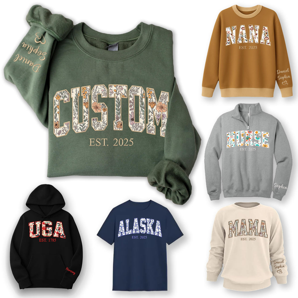 Custom Embroidery Applique Sweatshirt With Multiple Fabric Patterns, Custom Embroidered Sweatshirt, Personalized Sweater for Women, Personalized Crewneck Floral, Pullover, Birthday, Christmas