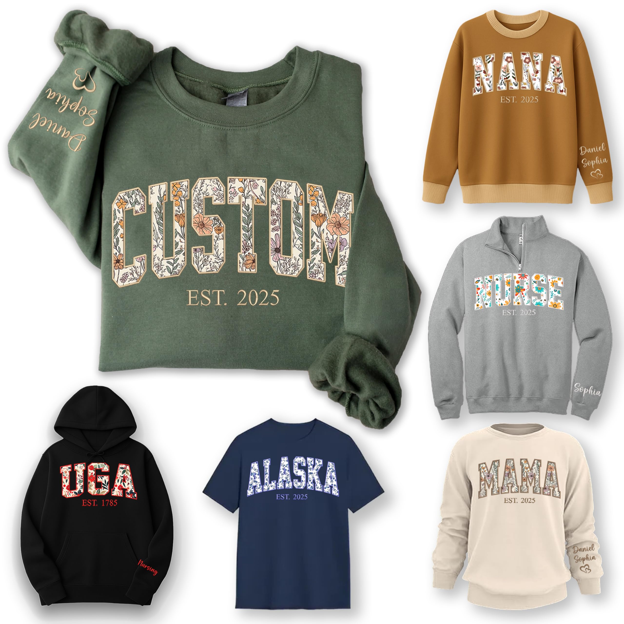 Custom Embroidery Applique Sweatshirt With Multiple Fabric Patterns, Custom Embroidered Sweatshirt, Personalized Sweater for Women, Personalized Crewneck Floral, Pullover, Birthday, Christmas